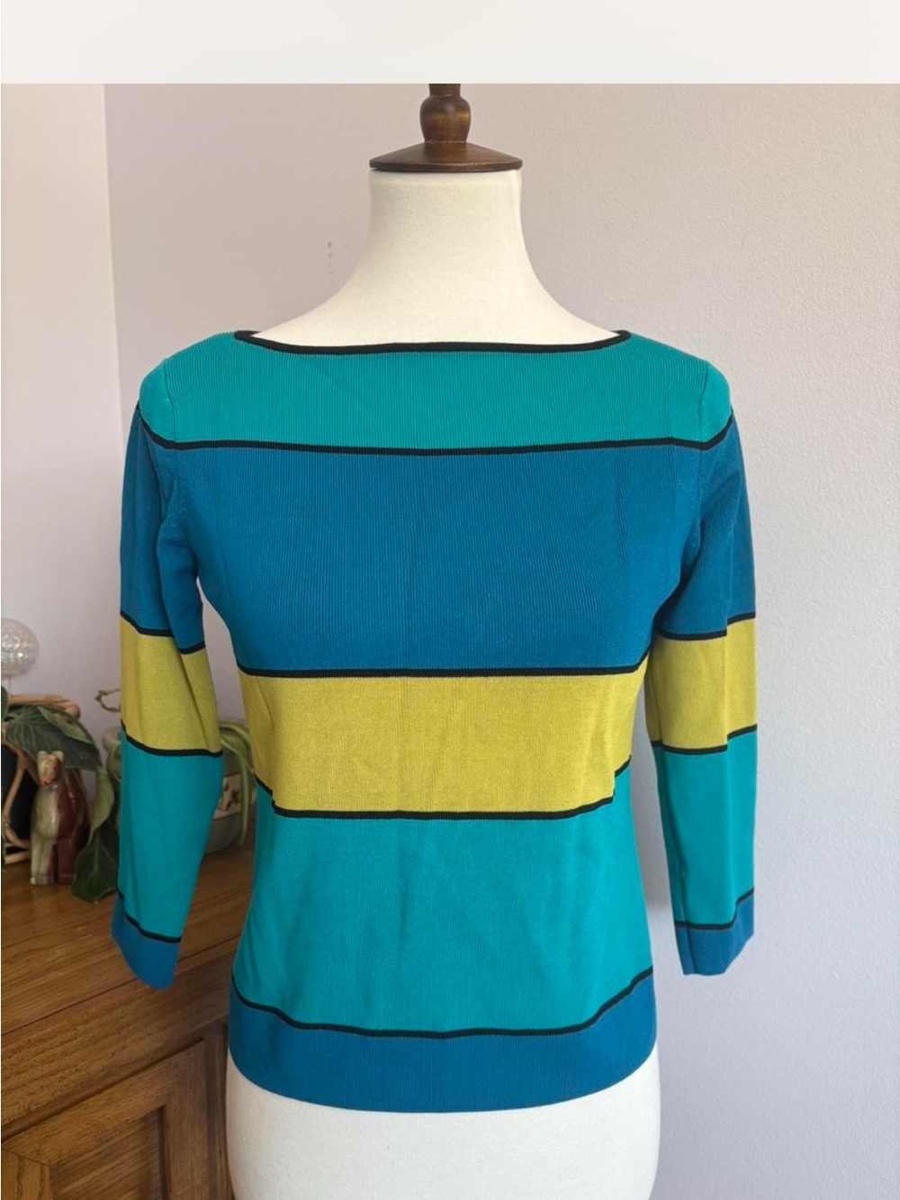Grace Knitwear Striped Blue and Green Boatneck longe sleeve